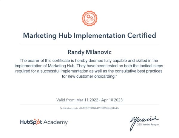 Randy Milanovic - Marketing Implimentation Certification April 2023